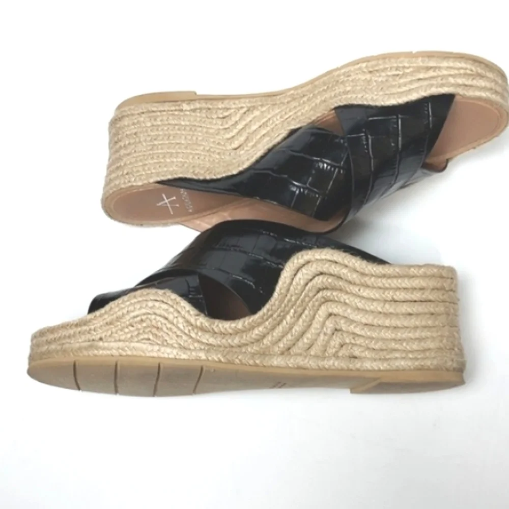 Aquatalia Marina Leather Croc Embossed Crisscross Espadrille Wedges Black Size 7
